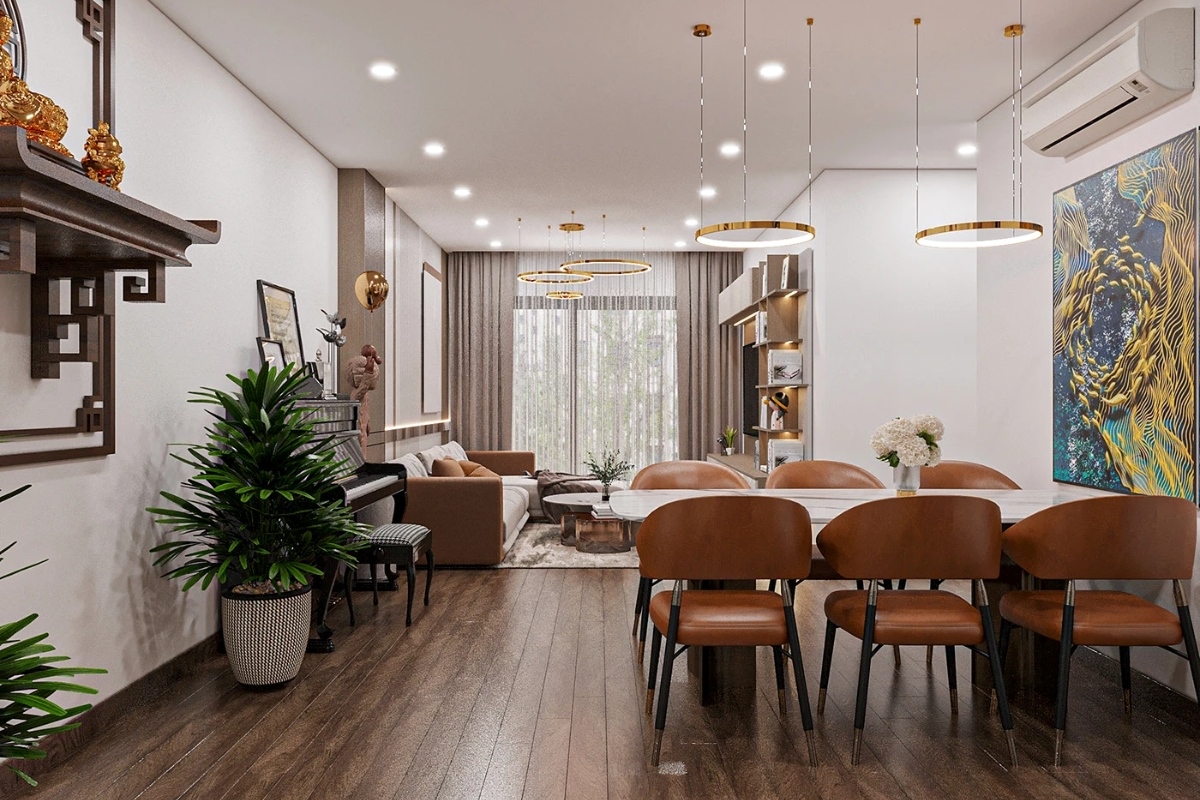 Không gian phòng khách và bàn ăn được bố trí liền mạch, thông thoáng