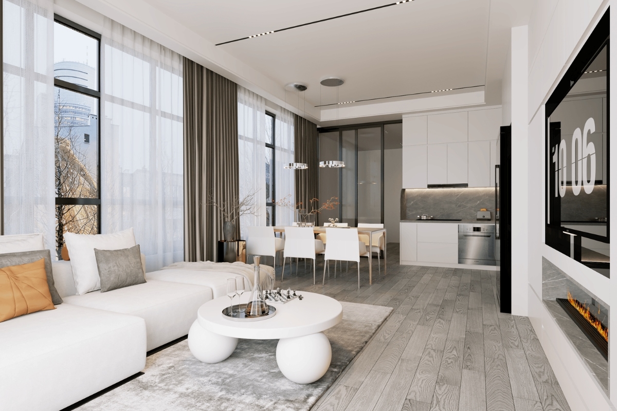 Phòng khách chung cư hiện đại với cửa kính lớn đón ánh sáng tự nhiên