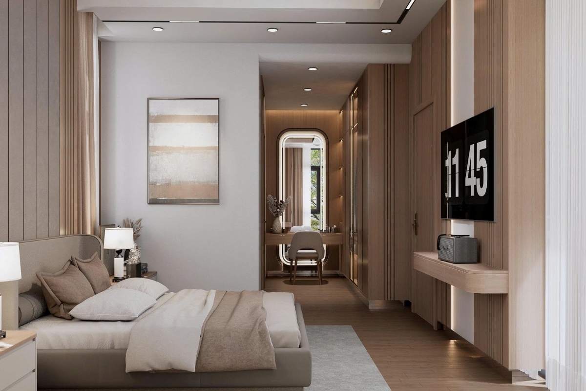 Phòng ngủ tích hợp khu vực thay đồ và bàn trang điểm tiện nghi