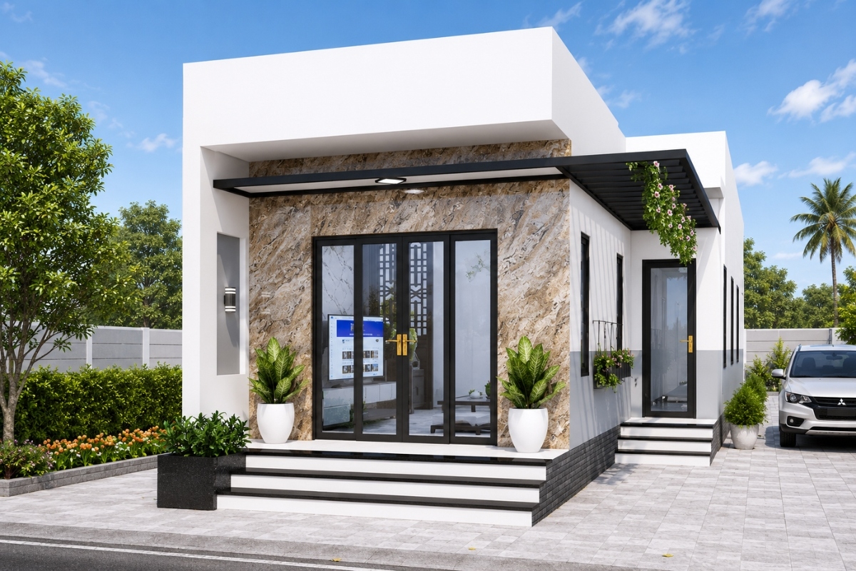 Thiết kế nhà cấp 4 mái bằng 2 phòng ngủ tiện nghi