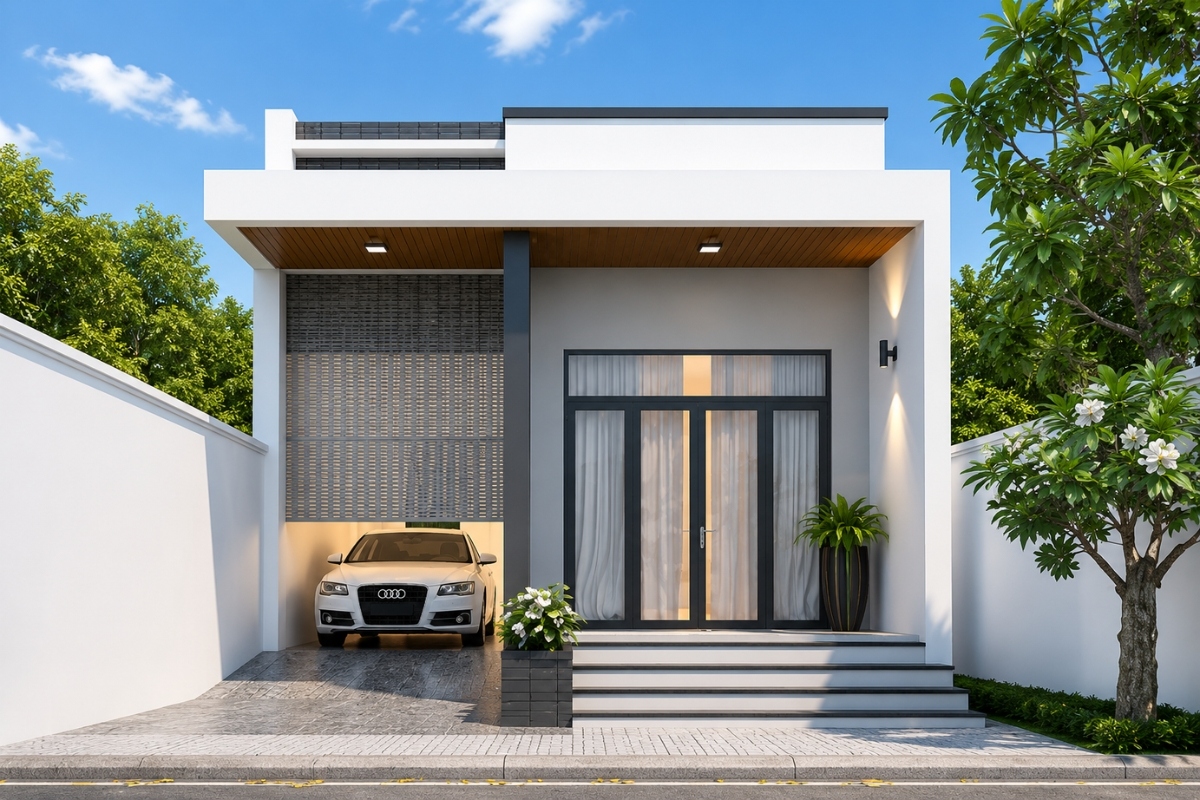 Mẫu nhà cấp 4 mái bằng có gara tiện lợi