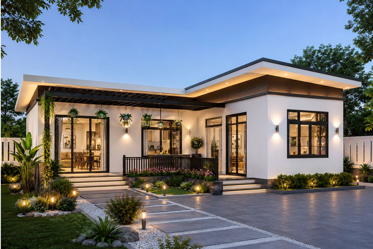 Mẫu mặt tiền nhà cấp 4 đẹp hiện đại chữ L