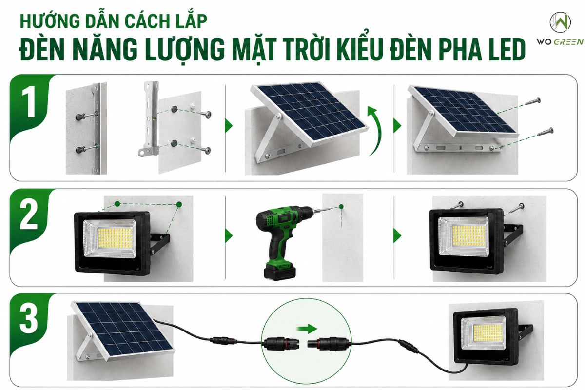 Hướng dẫn cách lắp đèn năng lượng mặt trời kiểu đèn pha LED