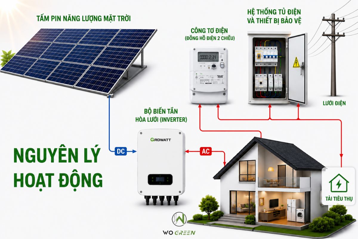 Nguyên lý hoạt động của hệ thống điện hòa lưới (On-Grid)