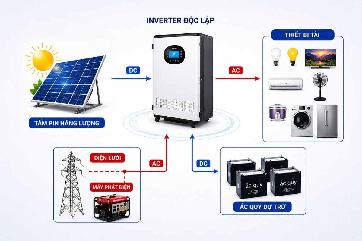 Nguyên lý hoạt động hệ thống điện năng lượng mặt trời độc lập Off-grid