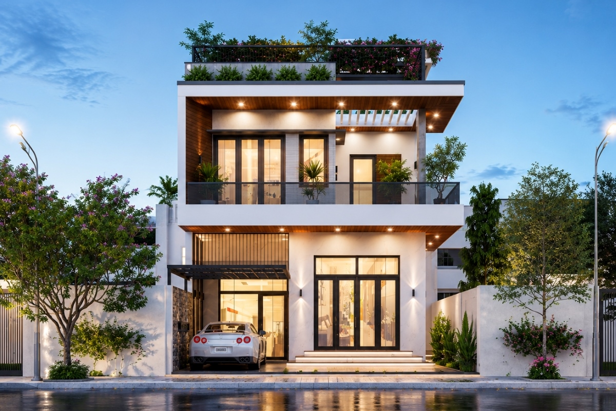 Không gian sống mở với mặt tiền nhà phố 2 tầng hiện đại