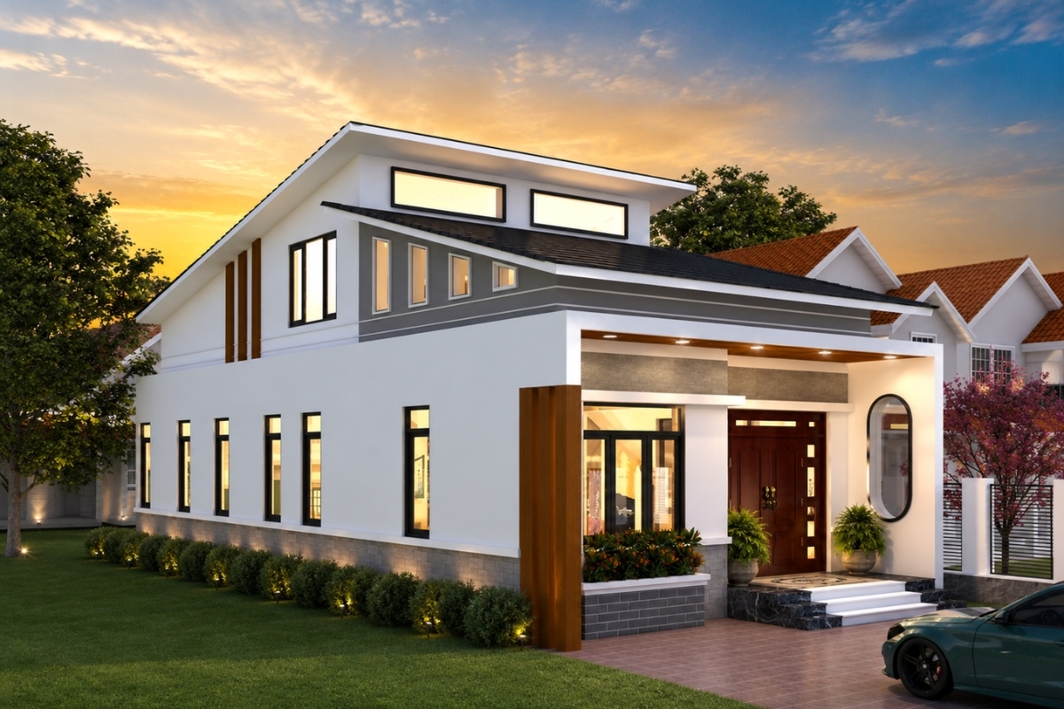 Không gian 3 phòng ngủ rộng mở dưới kiến trúc mái lệch hiện đại