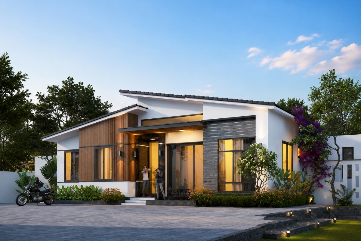Mẫu nhà cấp 4 mái lệch 100m² rộng thoáng với bố cục hiện đại