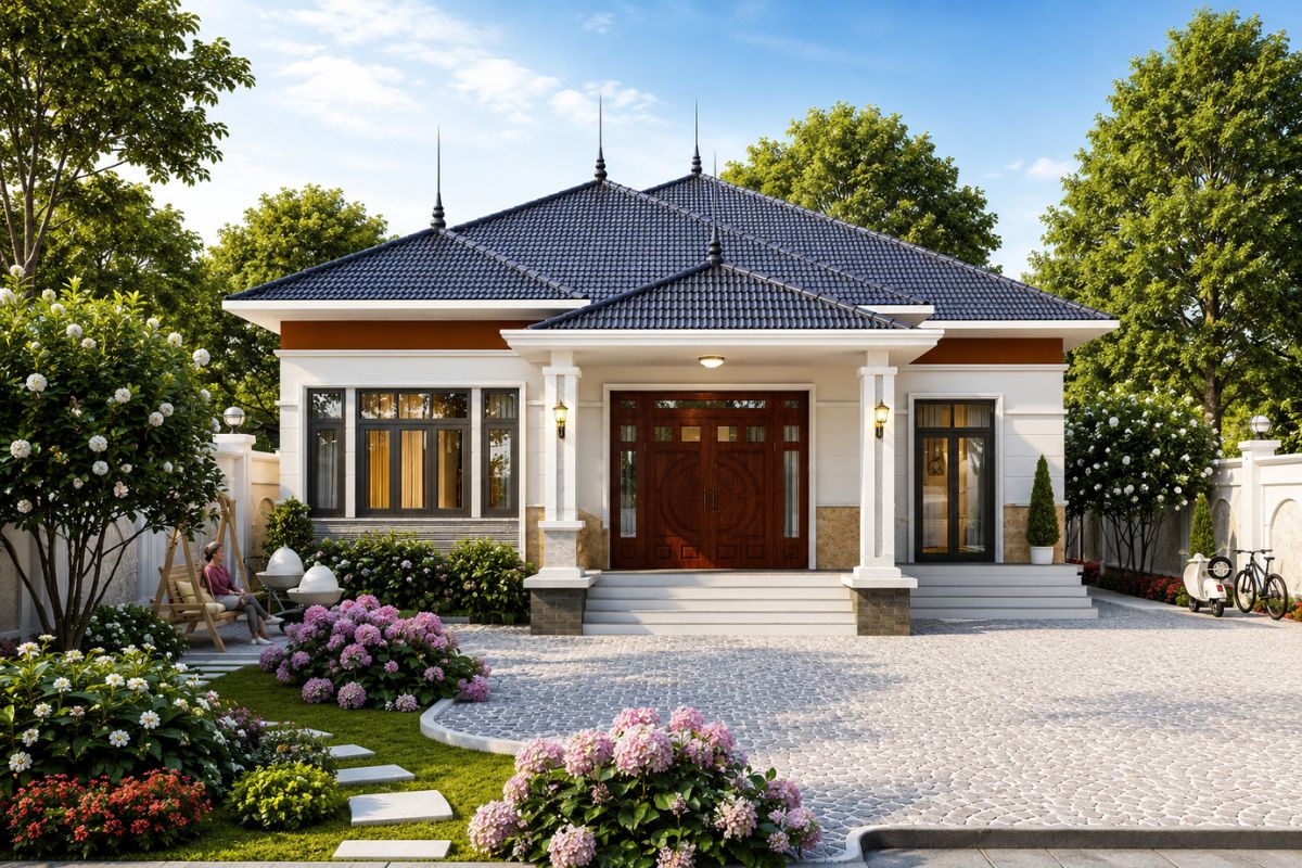 Nhà cấp 4 mái Nhật 3 phòng ngủ có sân vườn