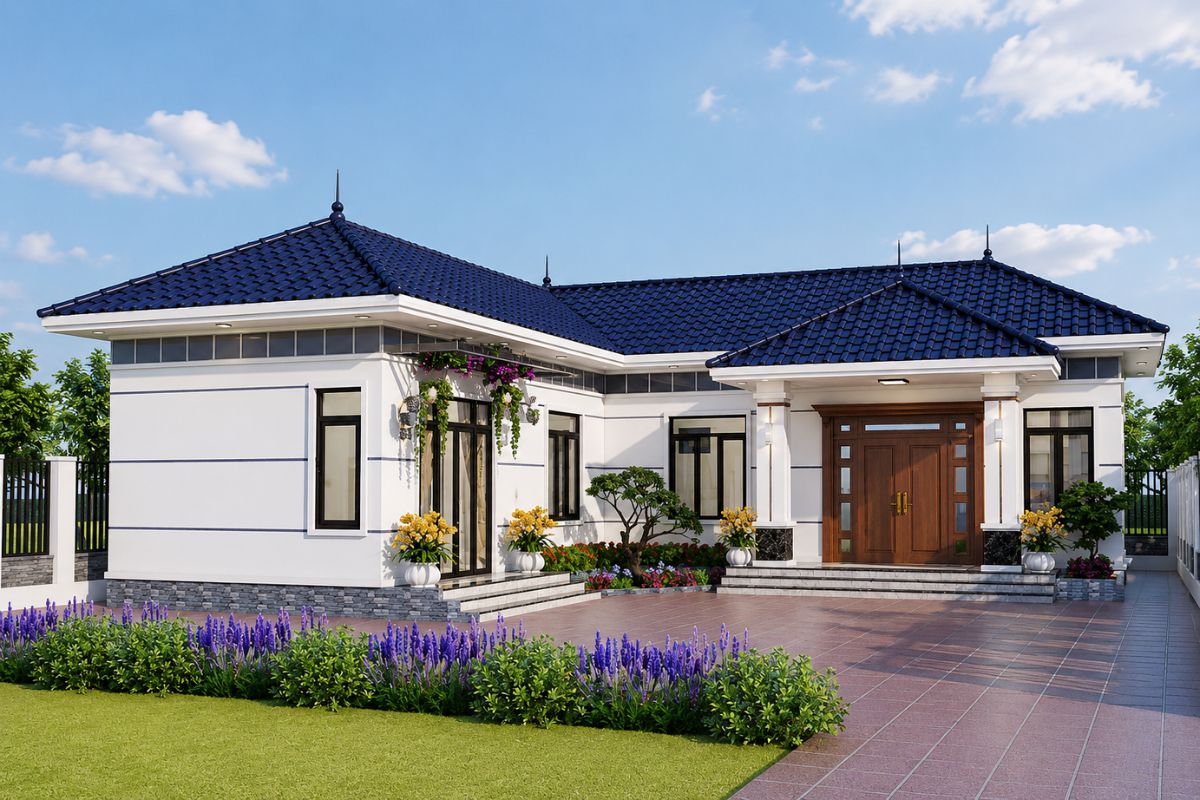 Nhà cấp 4 mái Nhật 3 phòng ngủ chữ L