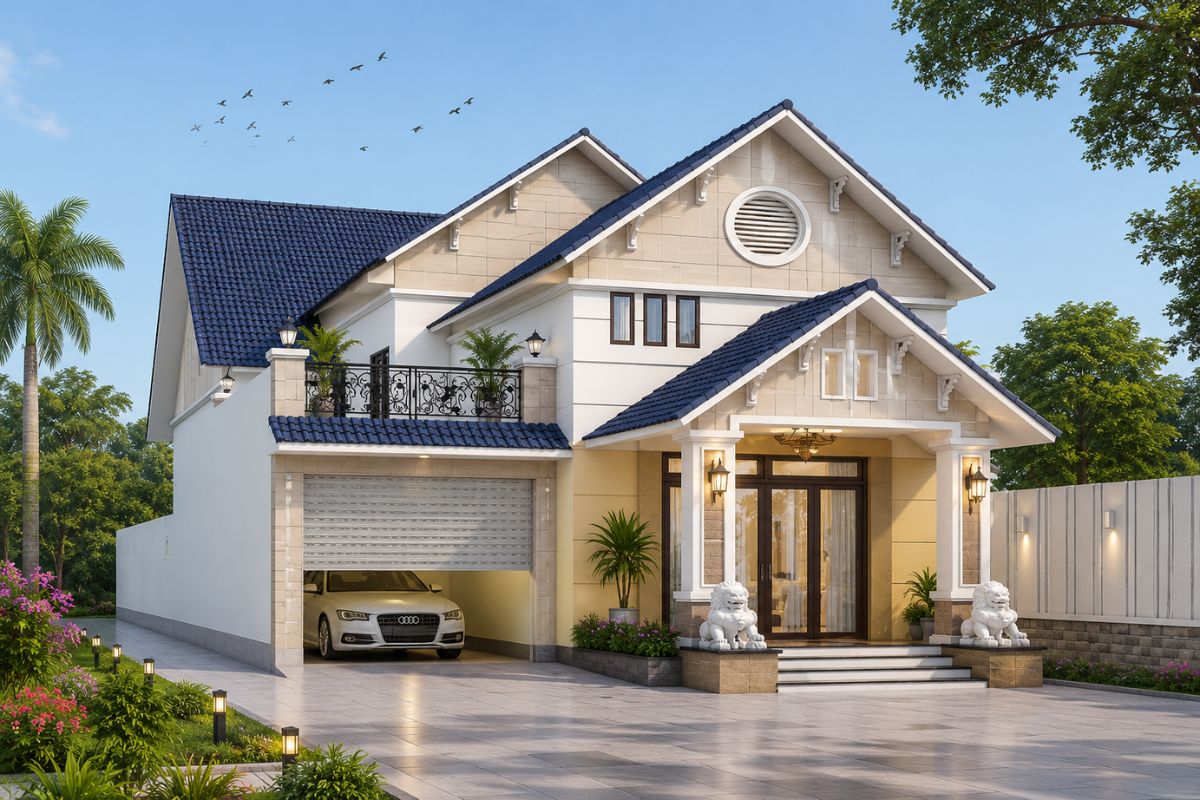 Nhà cấp 4 mái Nhật 3 phòng ngủ kết hợp gara ô tô tiện nghi