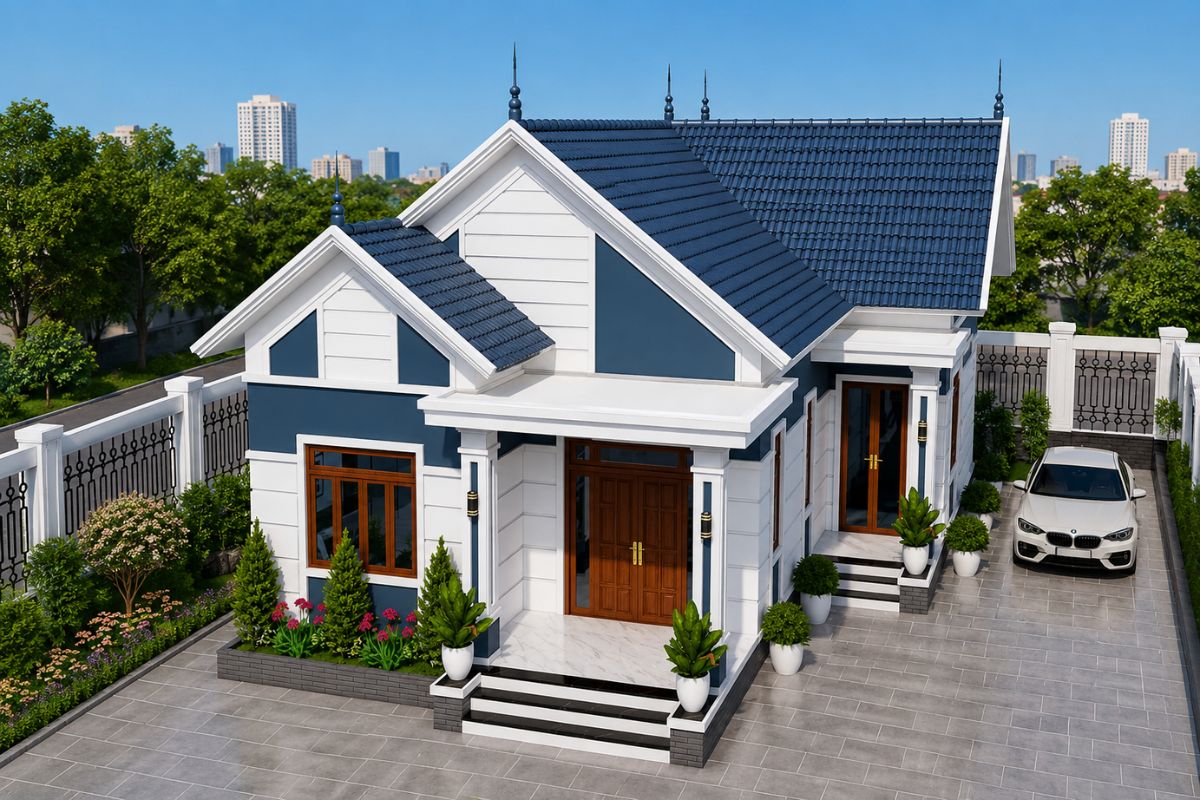 Không gian nhà cấp 4 mái Thái chữ L 2 phòng ngủ gọn gàng, tiện nghi
