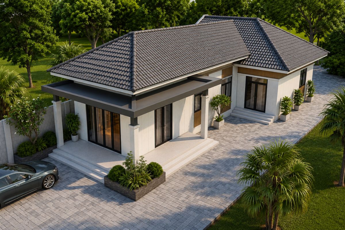 Không gian nhà cấp 4 mái Thái chữ L 100m² thông thoáng và tiện nghi