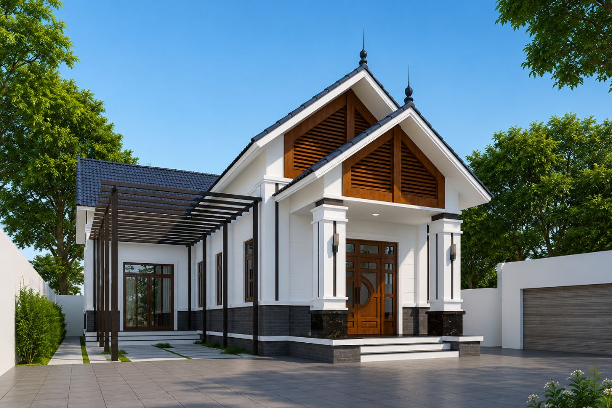 Mặt tiền nhà cấp 4 mái Thái chữ L tích hợp gara ô tô tiện lợi