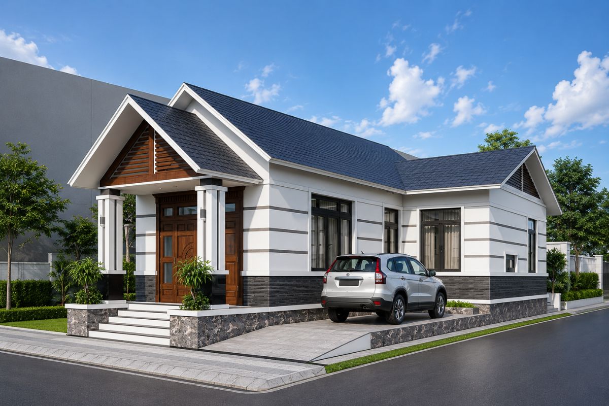 Kiến trúc nhà cấp 4 mái Thái chữ L phong cách hiện đại, thanh lịch