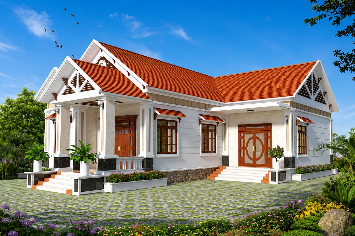 Mẫu nhà cấp 4 mái Thái chữ L ở nông thôn
