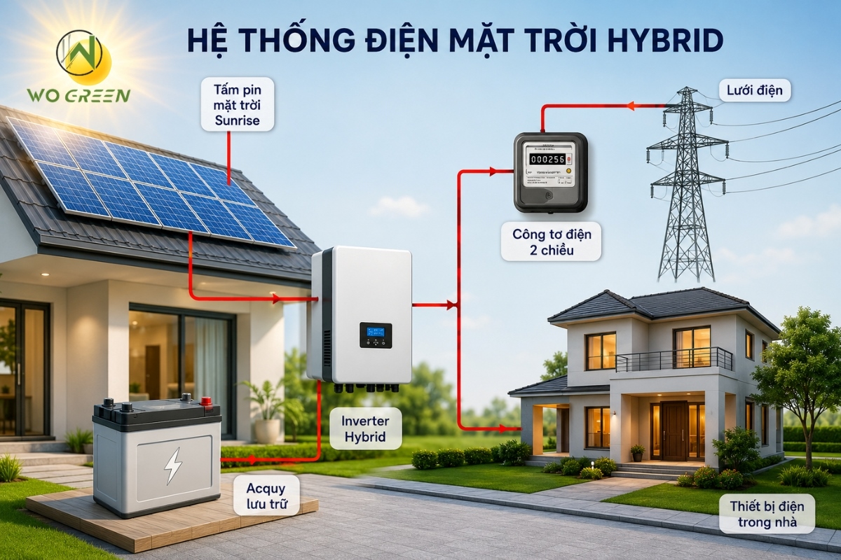 Mô hình điện mặt trời Hybrid kết hợp lưu trữ và điện lưới