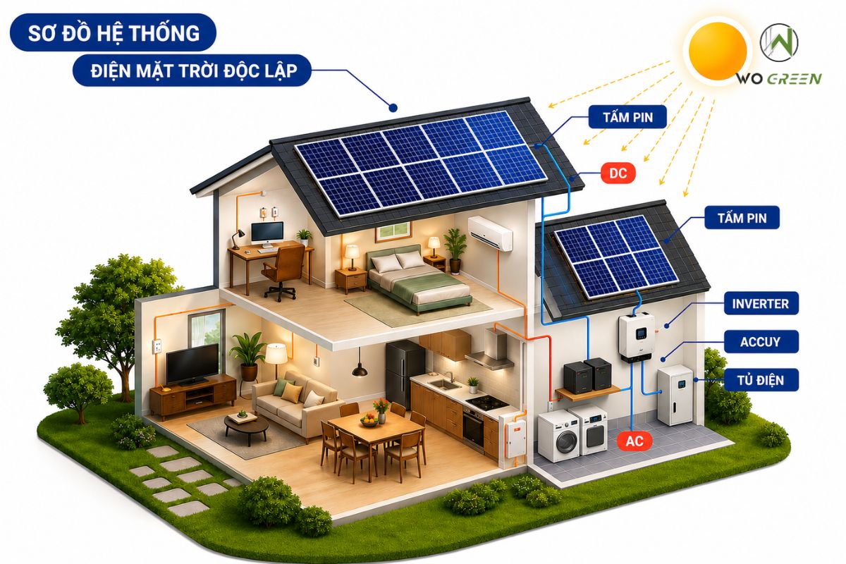 Nguyên lý hoạt động của hệ thống điện mặt trời có lưu trữ