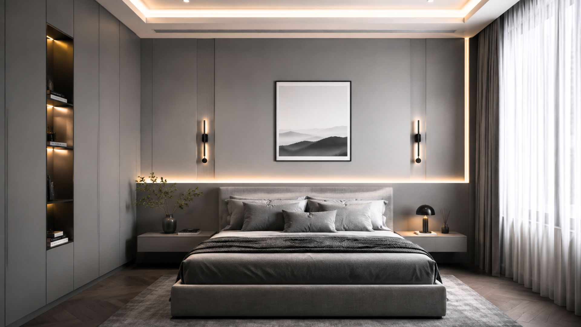 Mẫu phòng ngủ màu ghi xám phong cách tối giản