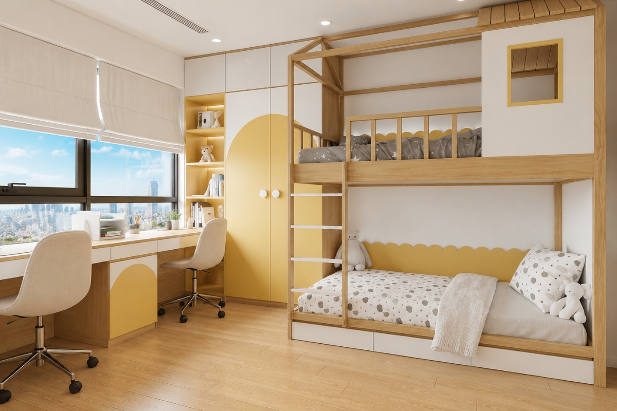 Phòng ngủ 12m2 sử dụng giường tầng và nội thất thông minh dành cho hai bé