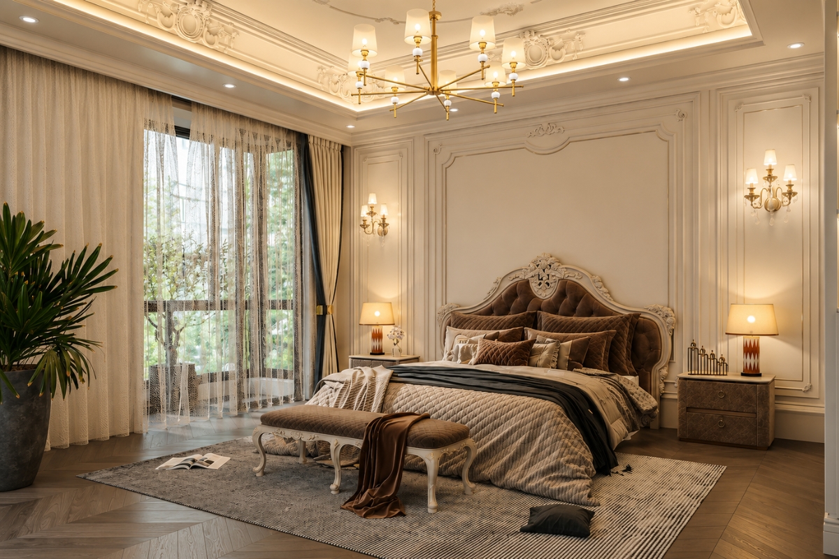 Không gian phòng ngủ 12m2 tân cổ điển kết hợp vẻ đẹp sang trọng và hiện đại