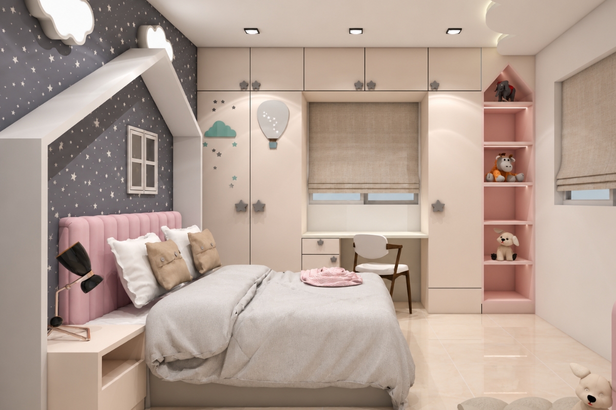 Thiết kế phòng ngủ 12m2 cho bé gái với gam màu pastel và nội thất đáng yêu