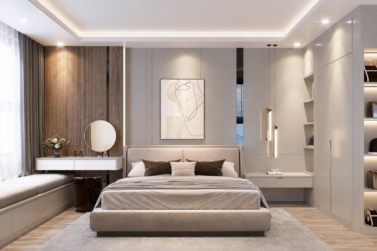 Phòng ngủ 12m2 dành cho vợ chồng với không gian ấm cúng và tiện nghi