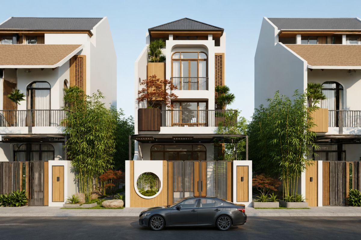 Mặt tiền nhà phố 5m 3 tầng phong cách Japandi