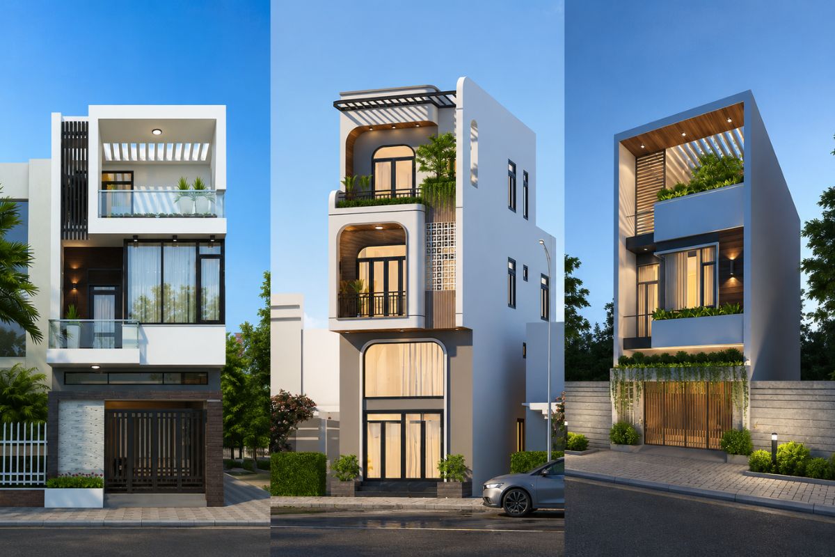 Mẫu thiết kế mặt tiền nhà phố 5m 3 tầng mái bằng