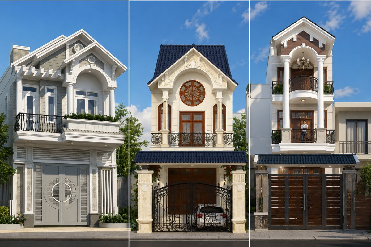 Thiết kế mặt tiền nhà phố 5m 3 tầng mái ngói