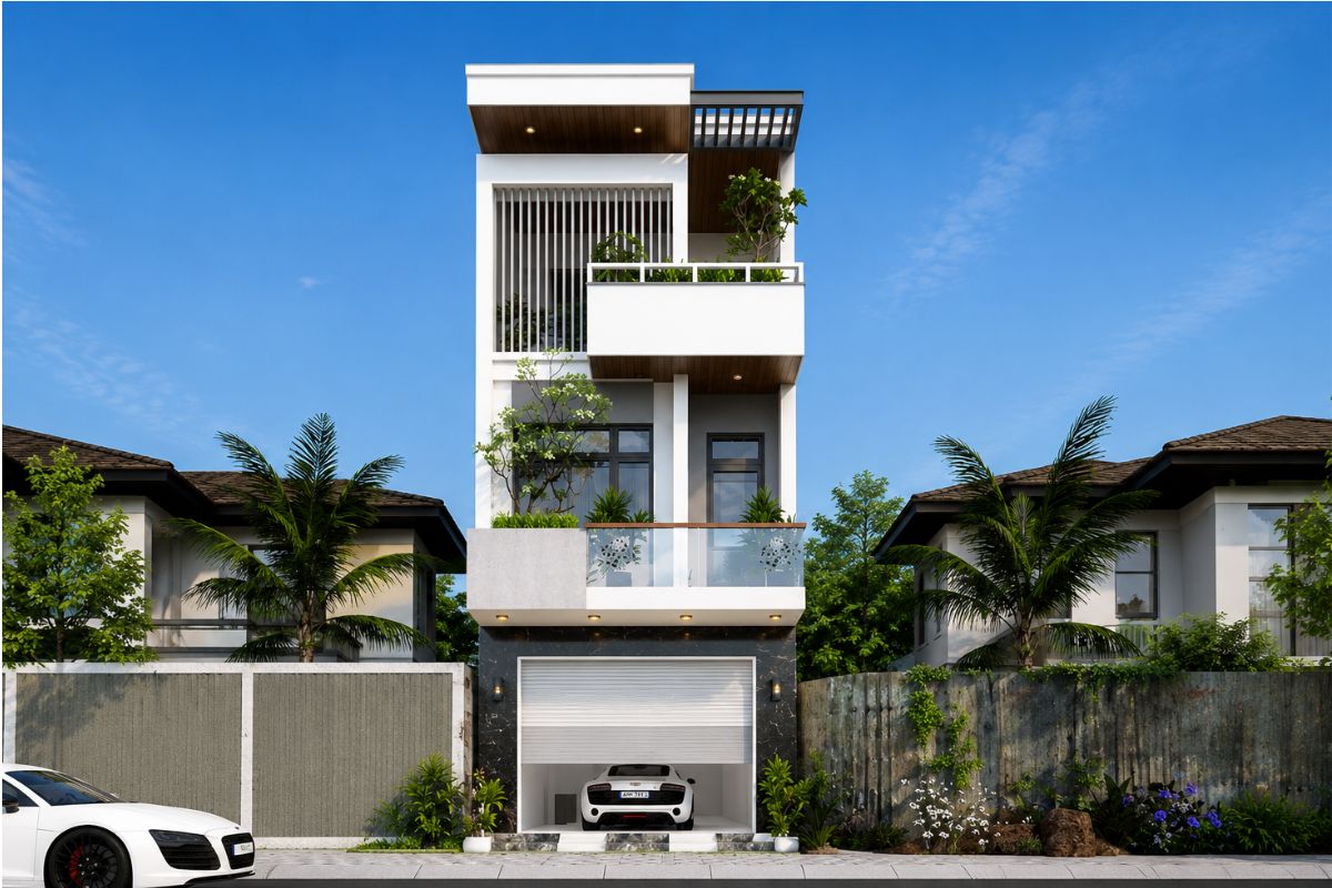 Mẫu thiết kế mặt tiền nhà phố 5m 3 tầng kết hợp gara ô tô