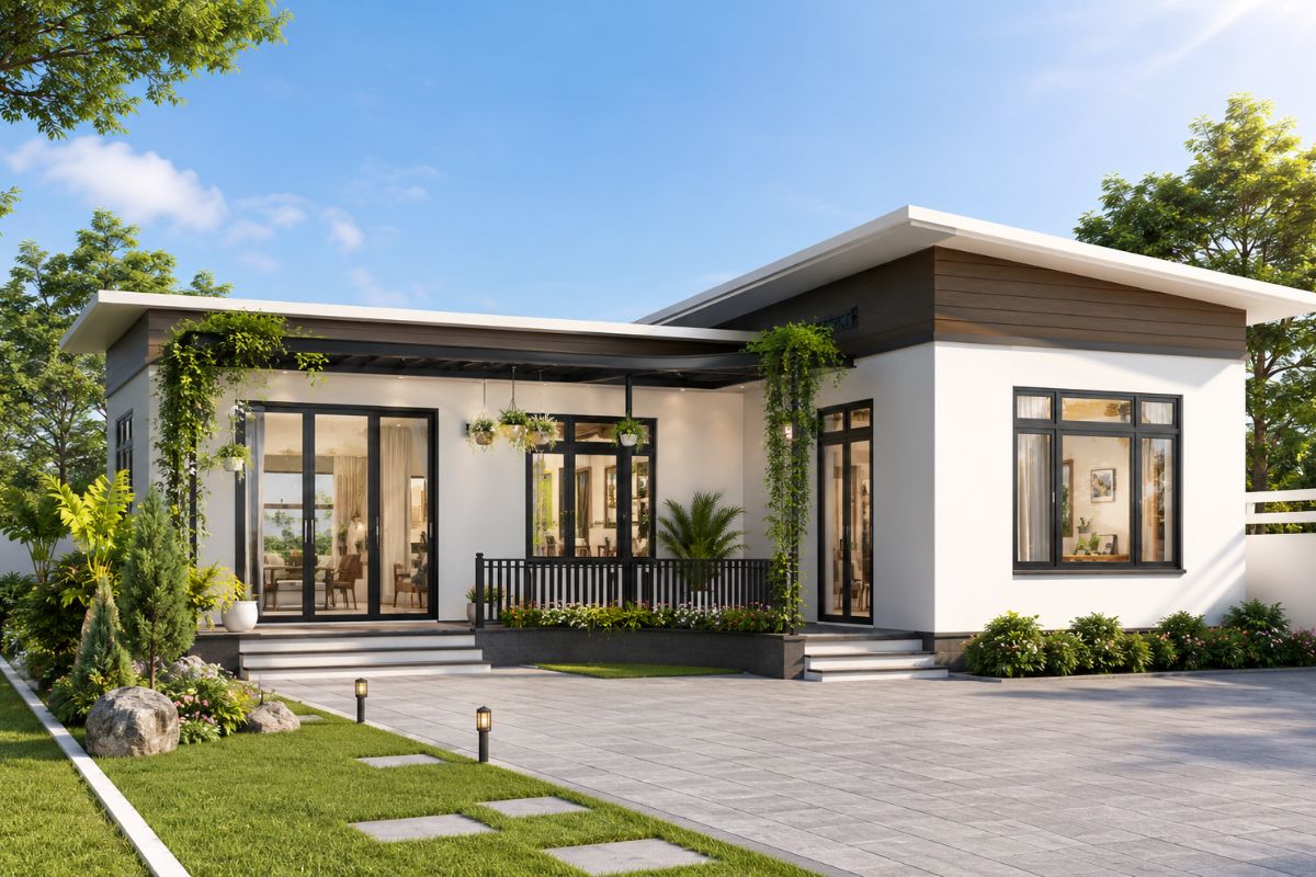 Mẫu nhà cấp 4 3 phòng ngủ 300 triệu hình chữ L