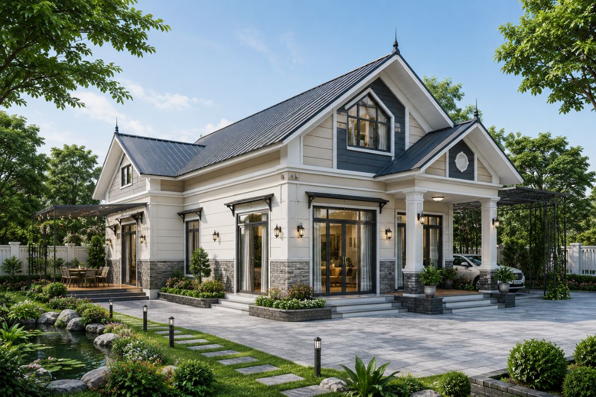 Mẫu nhà cấp 4 chữ L mái tôn có gác lửng