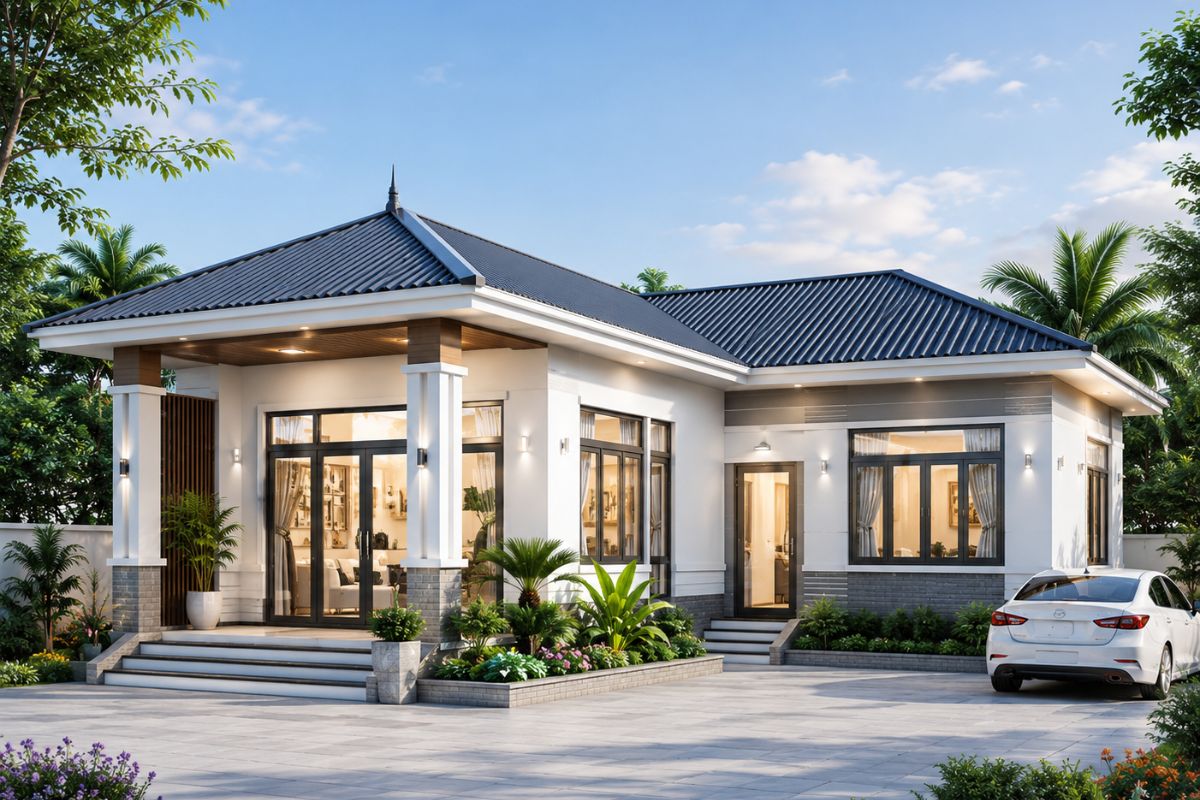 Mẫu nhà cấp 4 chữ L mái tôn 2 phòng ngủ
