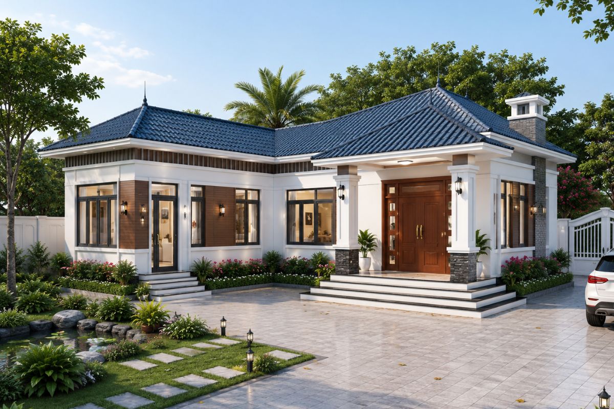 Mẫu nhà cấp 4 chữ L mái tôn 3 phòng ngủ