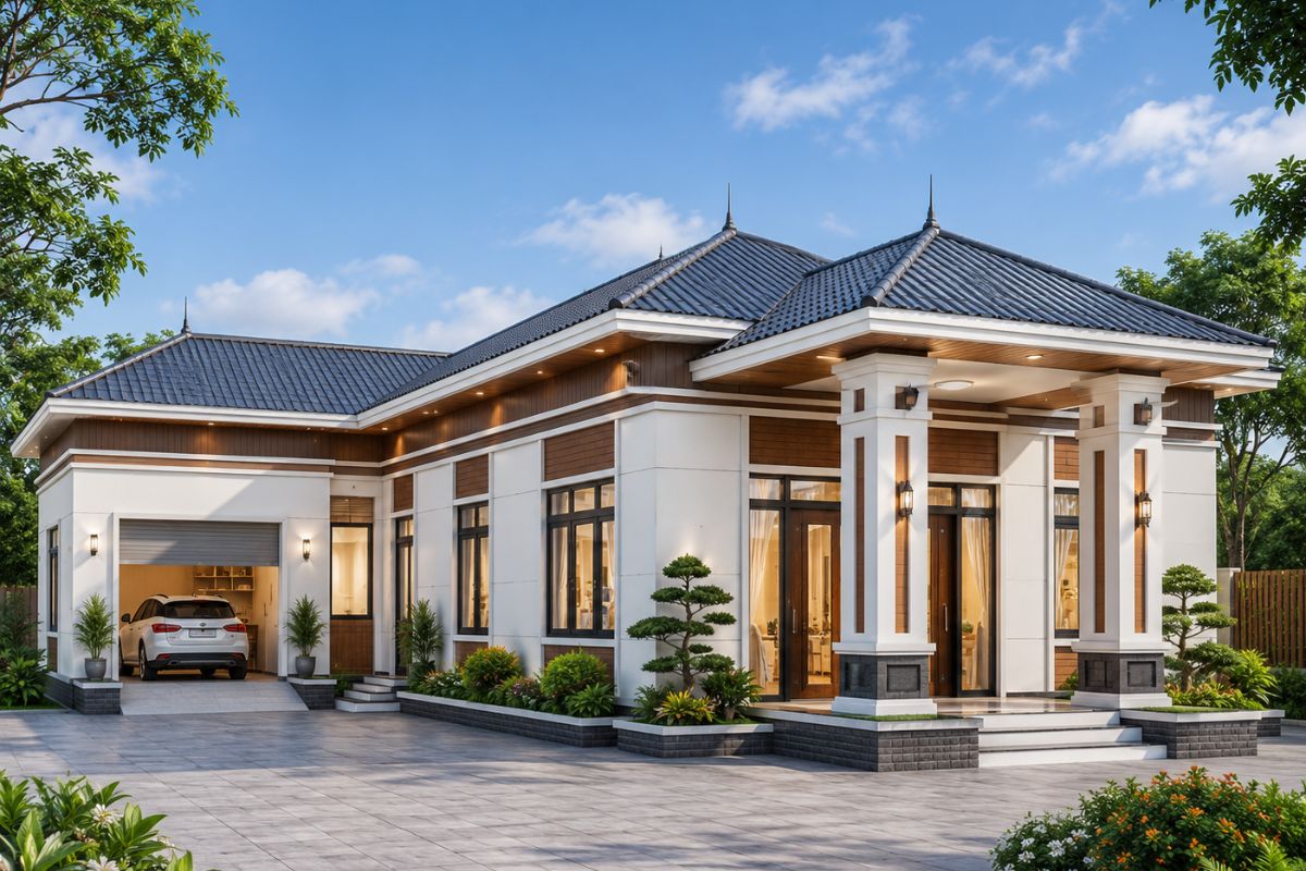 Mẫu nhà cấp 4 chữ L mái tôn 4 phòng ngủ