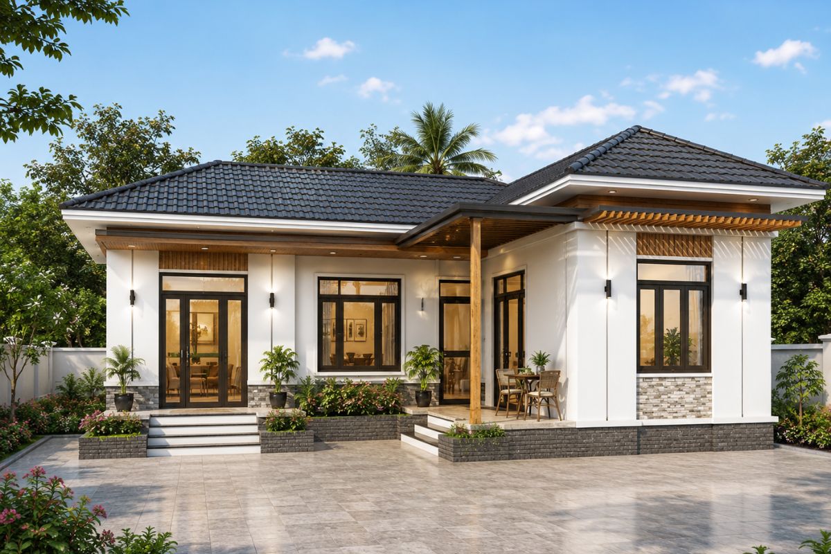 Mẫu nhà cấp 4 chữ L mái tôn giá 300 triệu