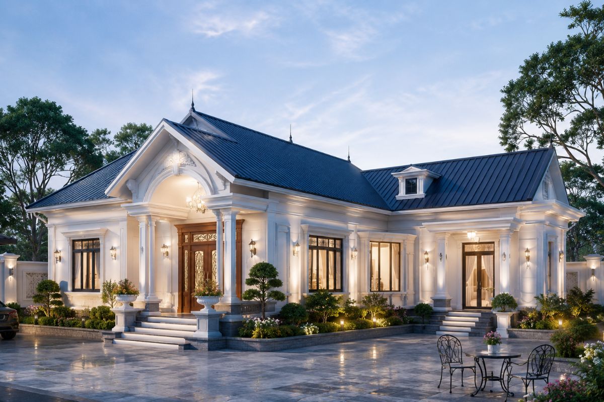 Mẫu nhà cấp 4 chữ L mái tôn sang trọng tân cổ điển