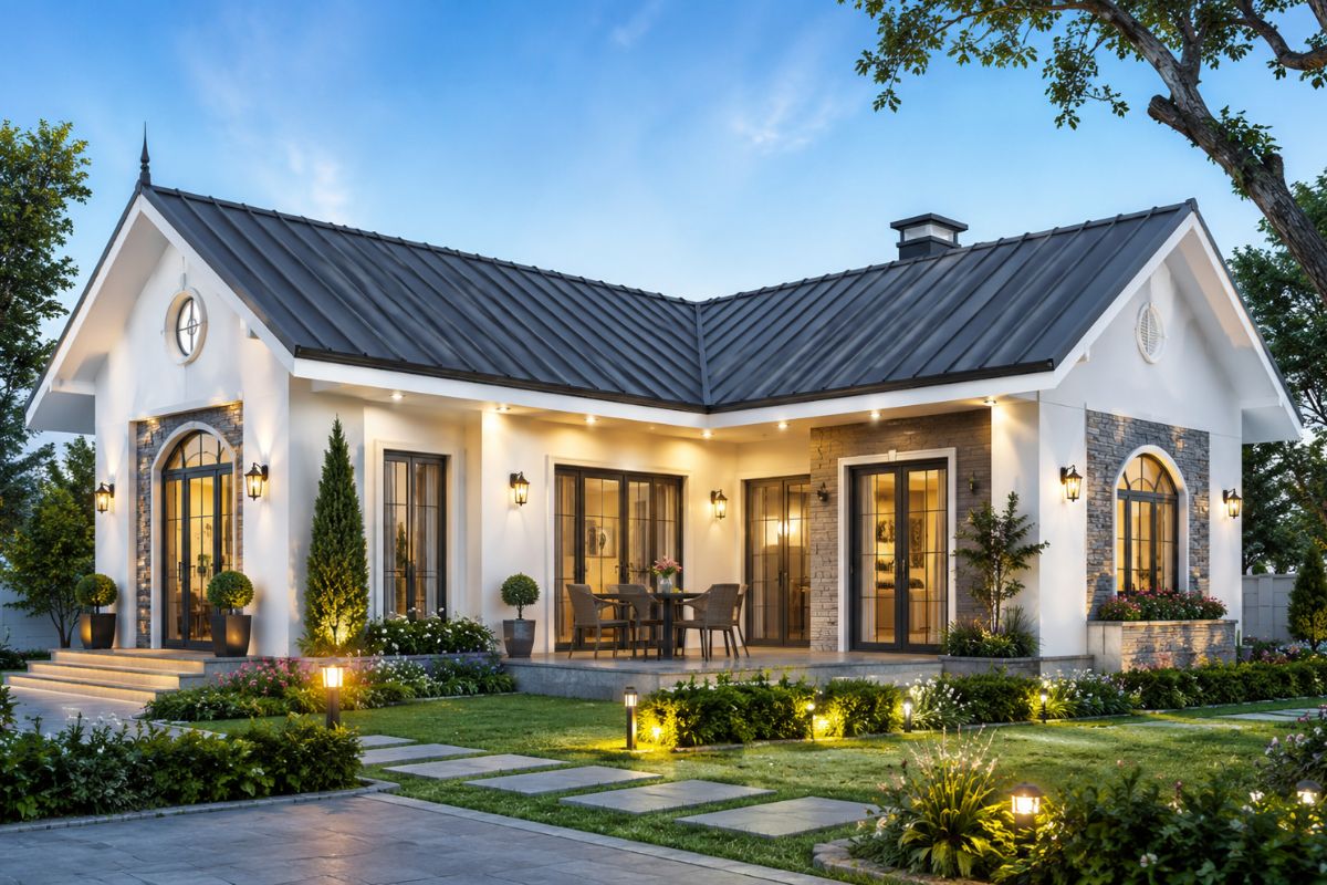 Mẫu nhà cấp 4 chữ L mái tôn phong cách Châu Âu