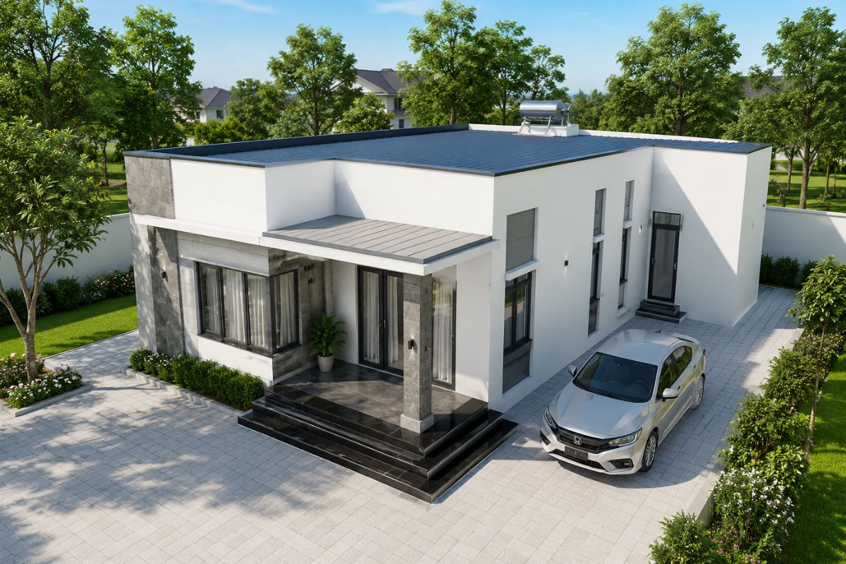 Mẫu nhà cấp 4 chữ L mái bằng