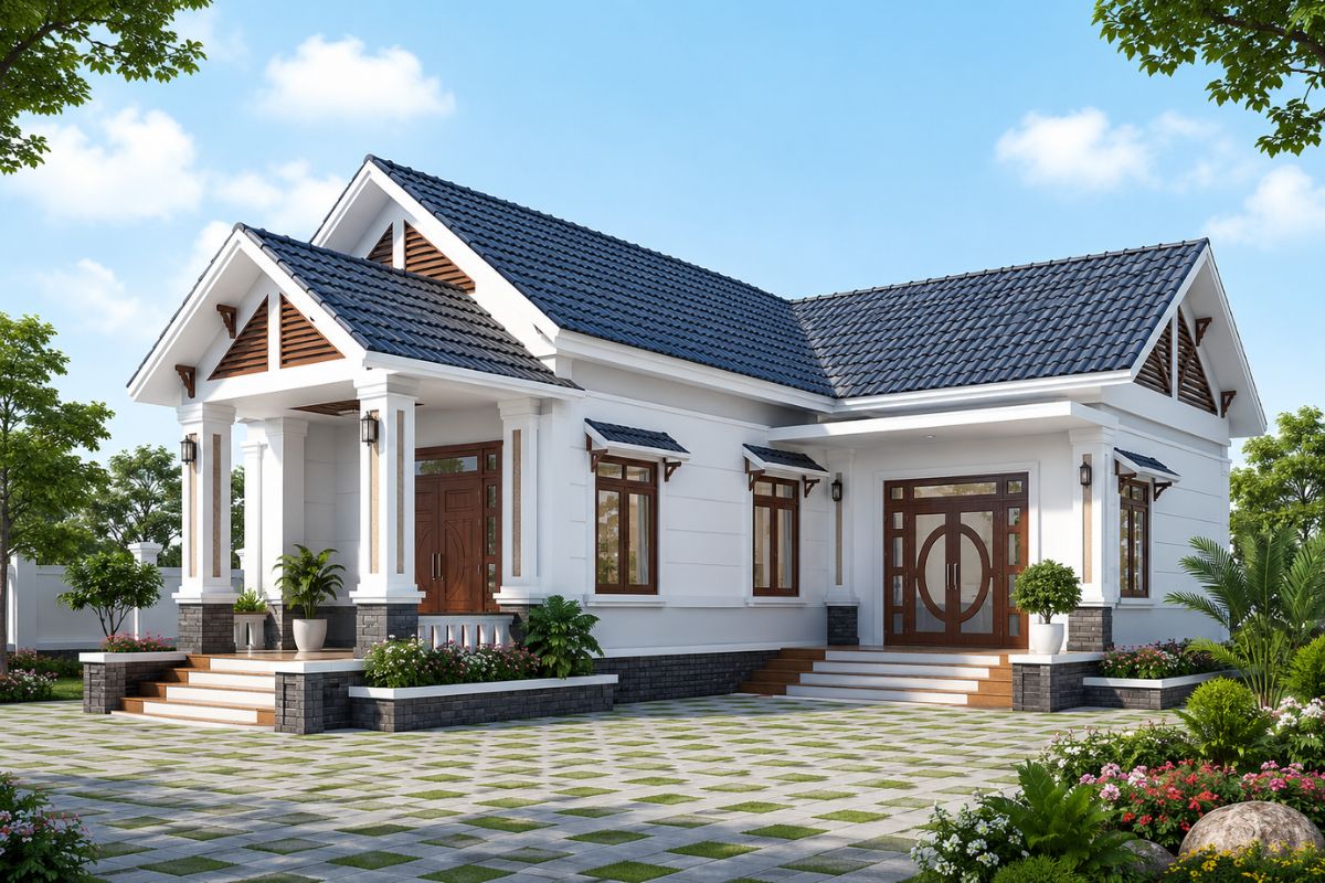 Mẫu nhà cấp 4 chữ L mái tôn giả ngói