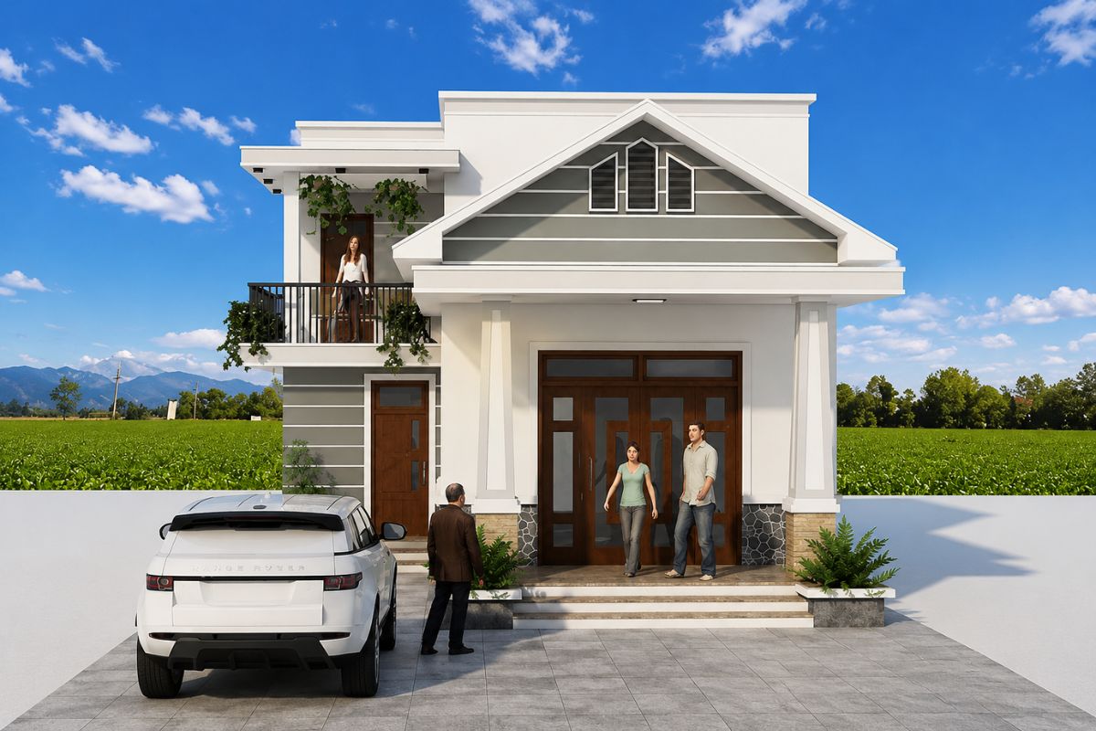 Thiết kế nhà cấp 4 gác lửng dạng chữ L tối ưu diện tích