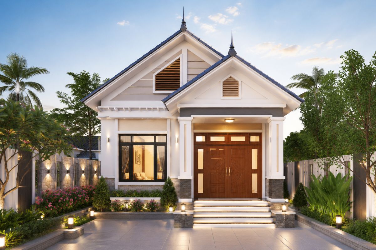 Mẫu nhà cấp 4 mái Thái 5x20 nông thôn