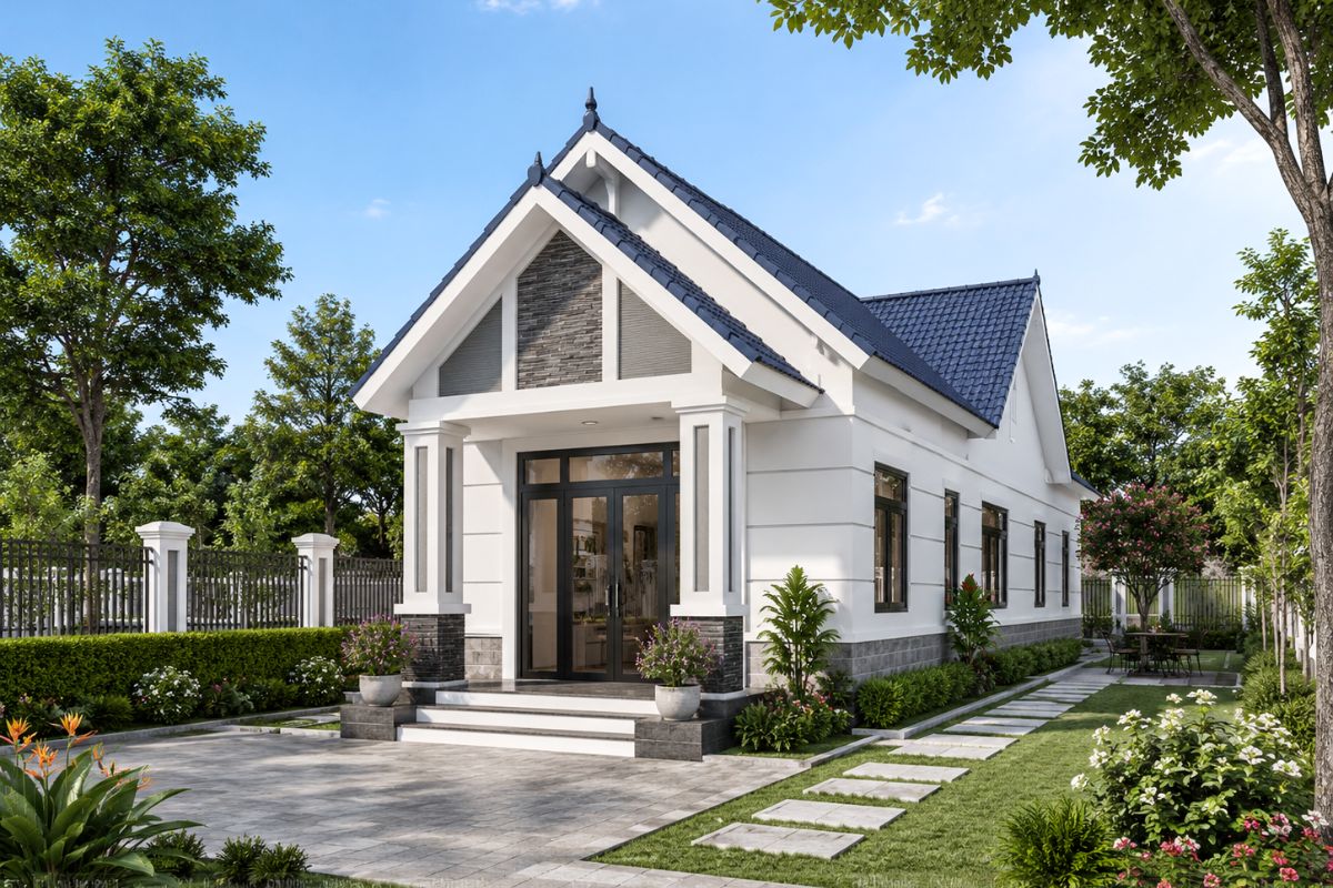 Mẫu nhà cấp 4 mái Thái 5x20 có sân vườn