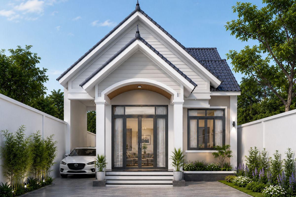 Mẫu nhà cấp 4 mái Thái 5x20 có gara ô tô