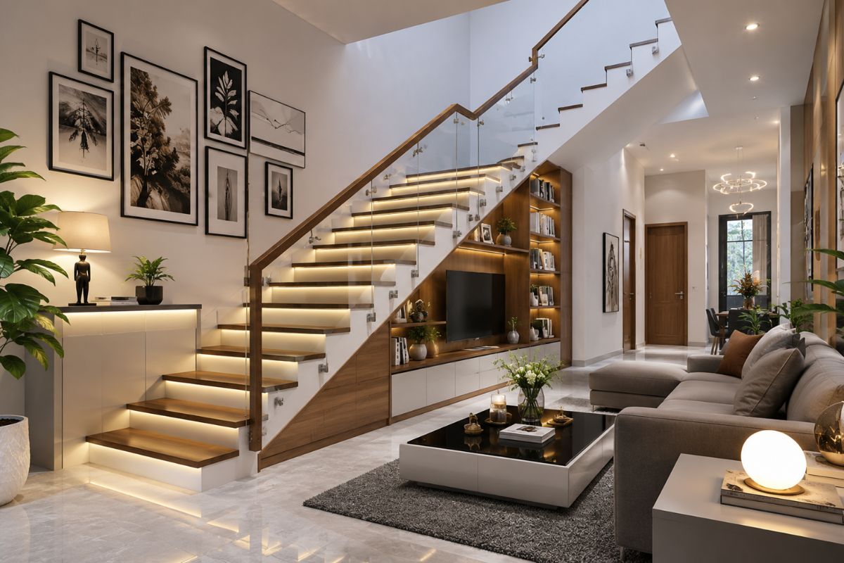 Bố trí cầu thang sát tường giúp tiết kiệm diện tích