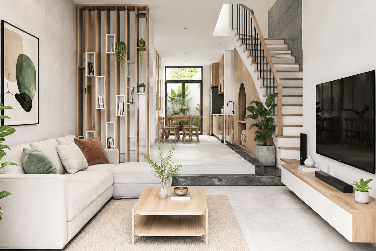 Phòng khách tối giản với kệ tivi treo tường hiện đại