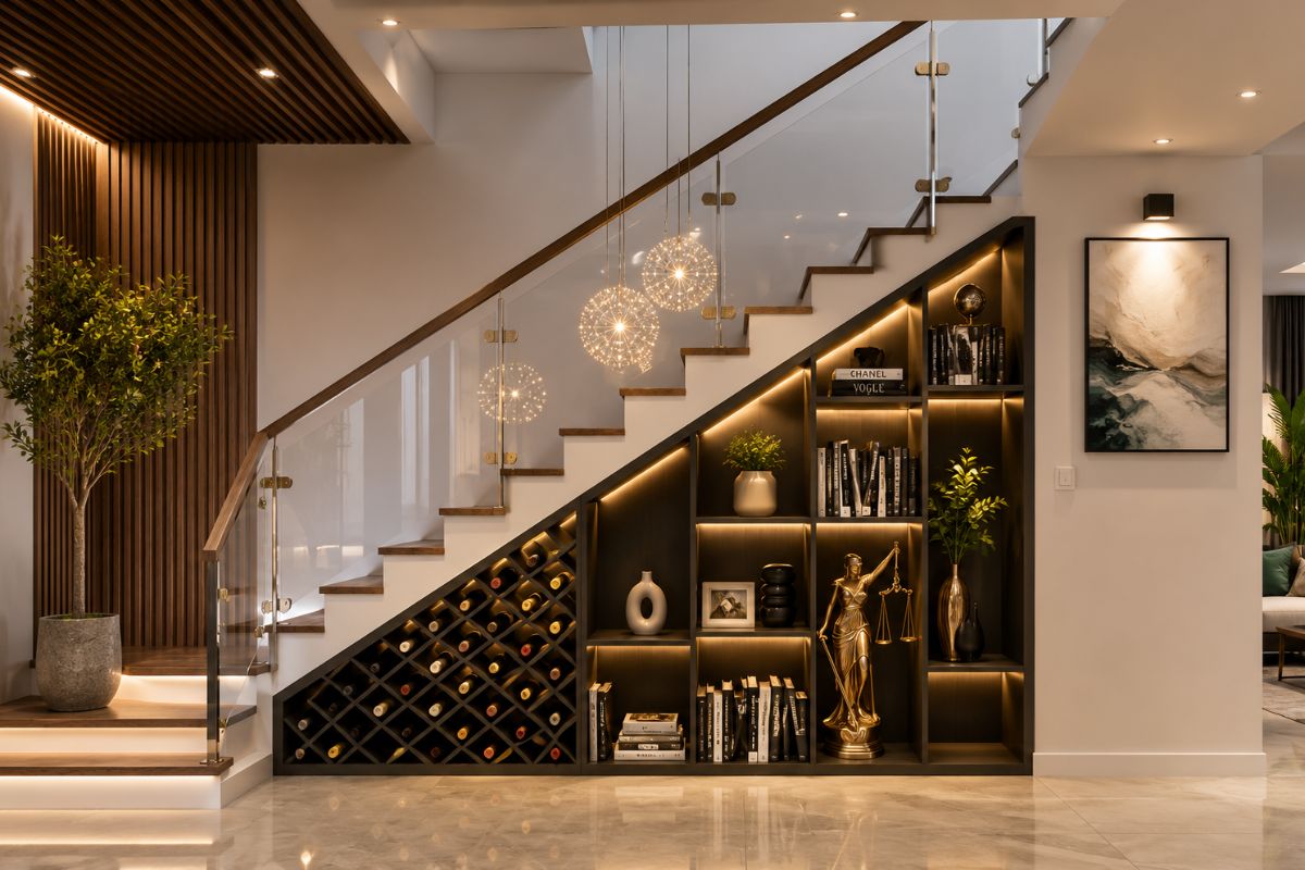 Kết hợp cầu thang với tủ và kệ trang trí