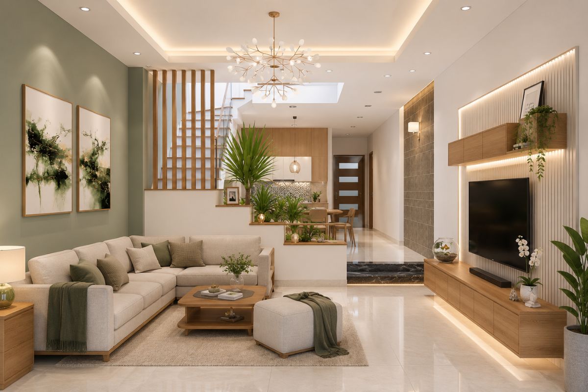 Phòng khách nhà ống 4m có cầu thang đặt giữa nhà
