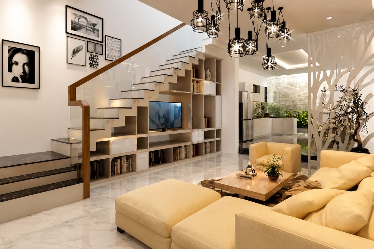 Thiết kế cầu thang đặt tại phòng khách